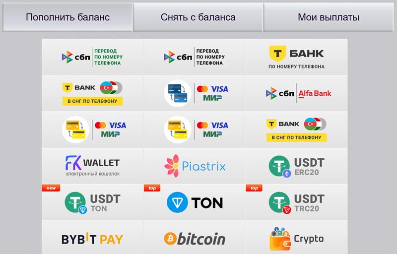 Раздел для пополнения и вывода средств со счета